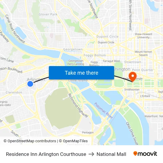 Residence Inn Arlington Courthouse to National Mall map