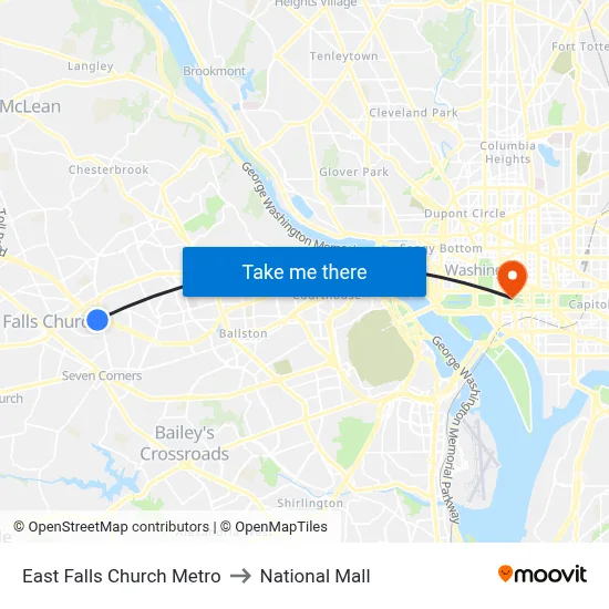 East Falls Church Metro to National Mall map