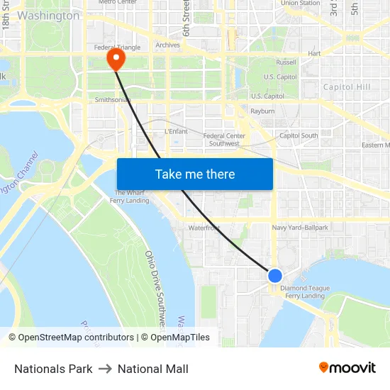 Nationals Park to National Mall map