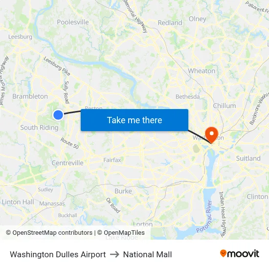 Washington Dulles Airport to National Mall map