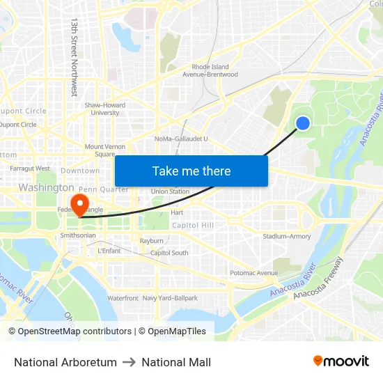 National Arboretum to National Mall map