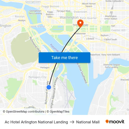 Ac Hotel Arlington National Landing to National Mall map