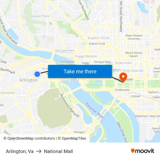 Arlington, Va to National Mall map