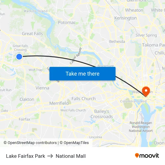 Lake Fairfax Park to National Mall map