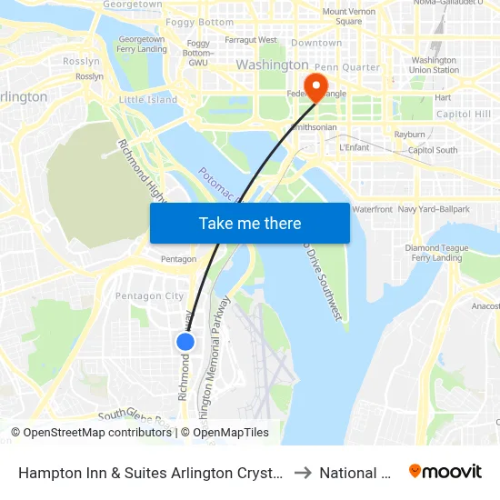 Hampton Inn & Suites Arlington Crystal City to National Mall map