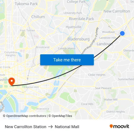 New Carrollton Station to National Mall map