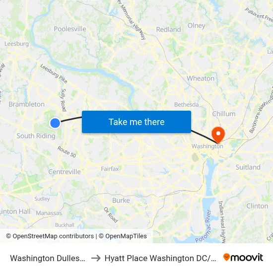 Washington Dulles Airport to Hyatt Place Washington DC / US Capitol map
