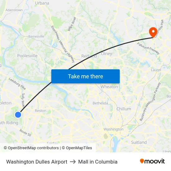 Washington Dulles Airport to Mall in Columbia map