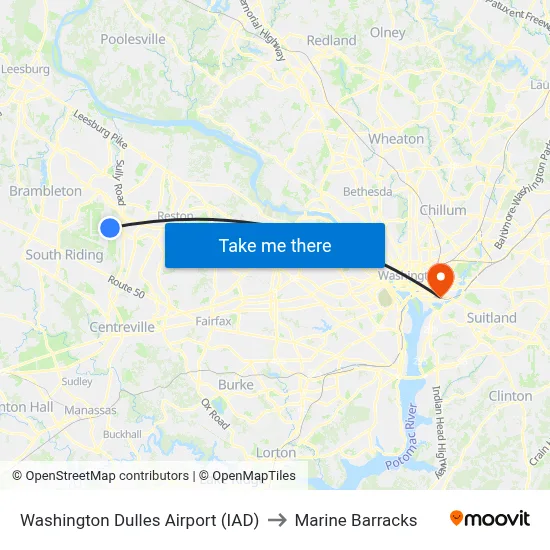 Washington Dulles Airport (IAD) to Marine Barracks map