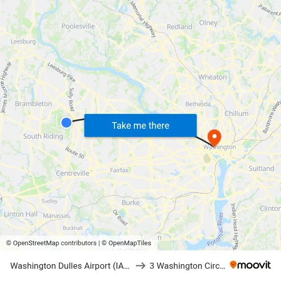 Washington Dulles Airport (IAD) to 3 Washington Circle map