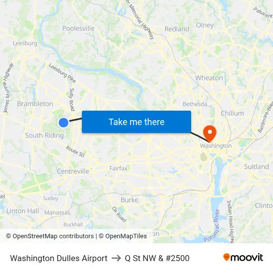 Washington Dulles Airport to Q St NW & #2500 map