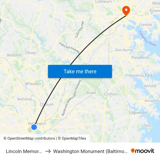 Lincoln Memorial to Washington Monument (Baltimore) map