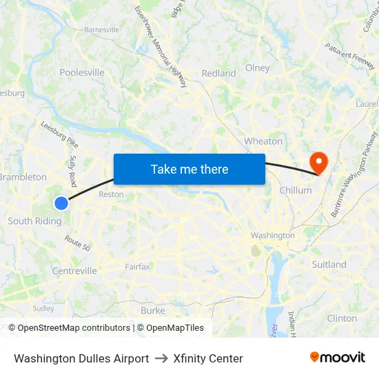 Washington Dulles Airport to Xfinity Center map