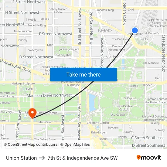 Union Station to 7th St & Independence Ave SW map