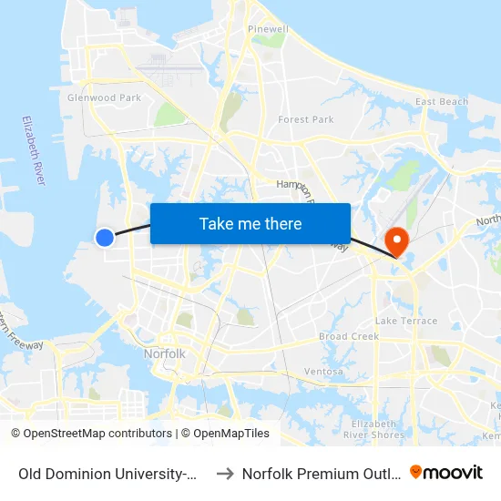 Old Dominion University-West to Norfolk Premium Outlets map