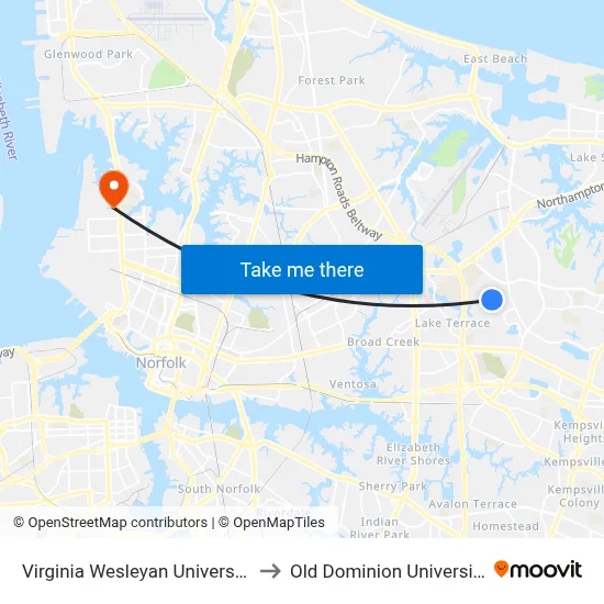 Virginia Wesleyan University to Old Dominion University map