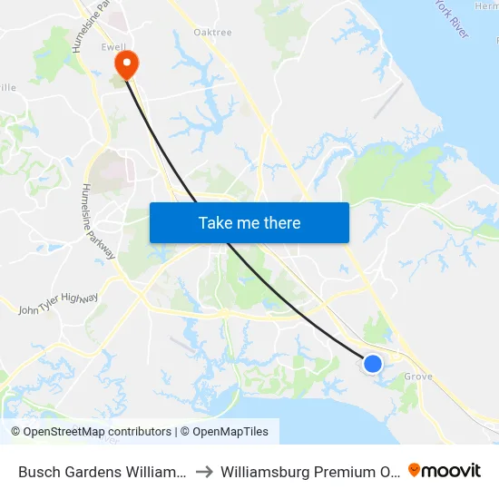 Busch Gardens Williamsburg to Williamsburg Premium Outlets map