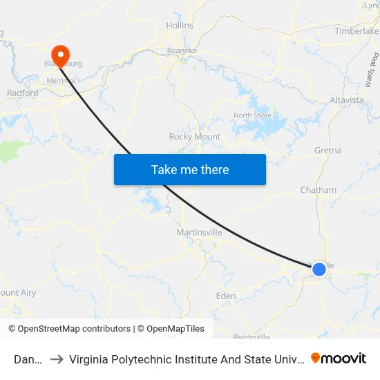 Danville to Virginia Polytechnic Institute And State University - Hahn Lot map
