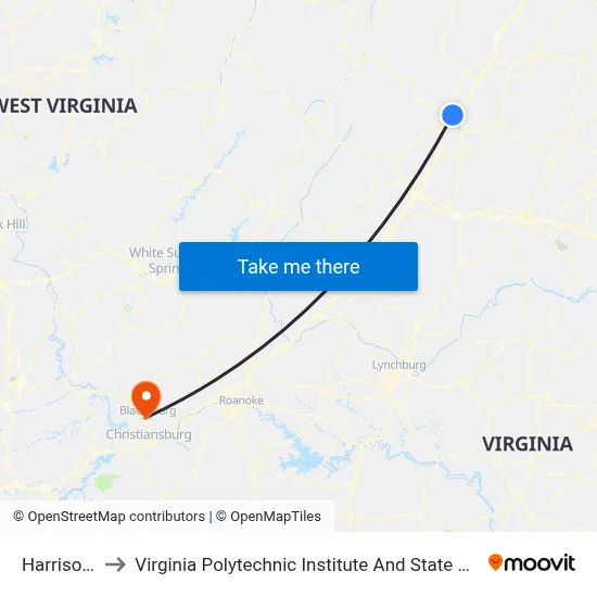 Harrisonburg to Virginia Polytechnic Institute And State University - Hahn Lot map