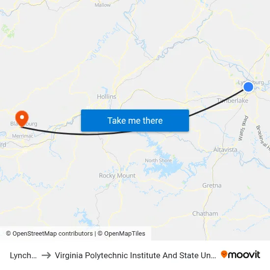 Lynchburg to Virginia Polytechnic Institute And State University - Hahn Lot map
