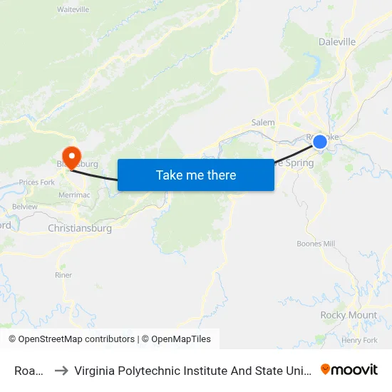 Roanoke to Virginia Polytechnic Institute And State University - Hahn Lot map