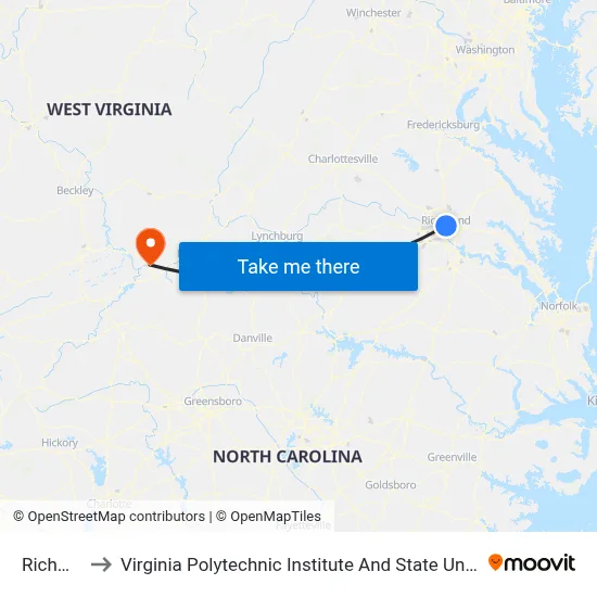 Richmond to Virginia Polytechnic Institute And State University - Hahn Lot map