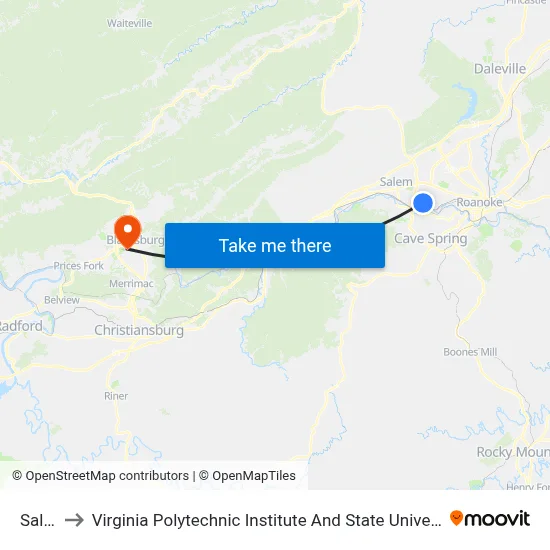 Salem to Virginia Polytechnic Institute And State University - Hahn Lot map