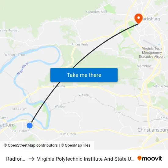 Radford City to Virginia Polytechnic Institute And State University - Hahn Lot map