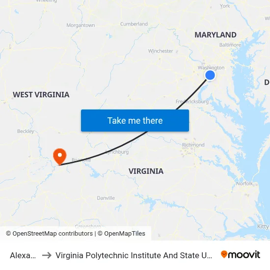 Alexandria to Virginia Polytechnic Institute And State University - Hahn Lot map
