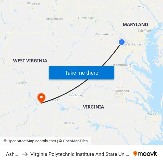 Ashburn to Virginia Polytechnic Institute And State University - Hahn Lot map