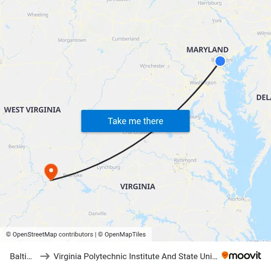 Baltimore to Virginia Polytechnic Institute And State University - Hahn Lot map