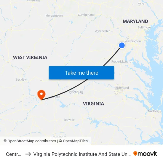 Centreville to Virginia Polytechnic Institute And State University - Hahn Lot map