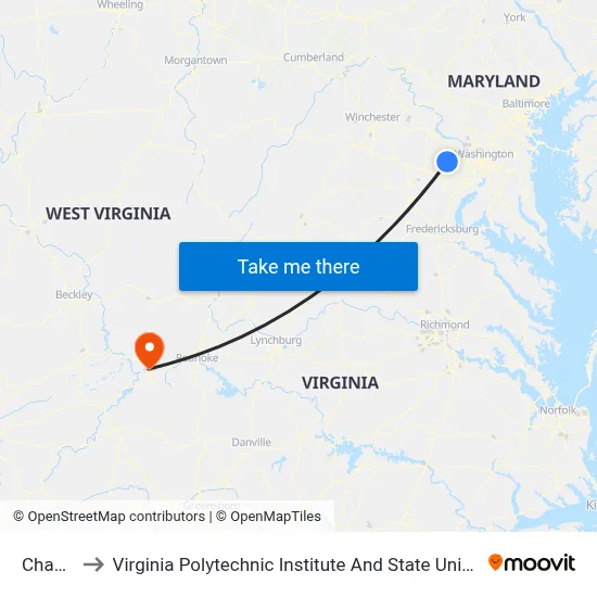 Chantilly to Virginia Polytechnic Institute And State University - Hahn Lot map