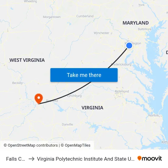 Falls Church to Virginia Polytechnic Institute And State University - Hahn Lot map