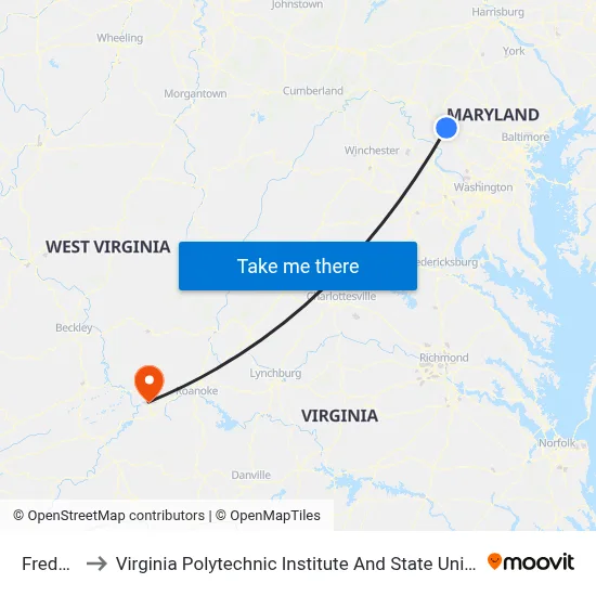 Frederick to Virginia Polytechnic Institute And State University - Hahn Lot map