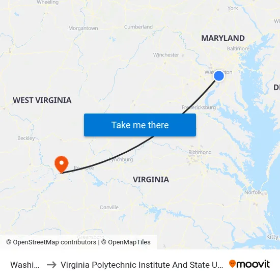 Washington to Virginia Polytechnic Institute And State University - Hahn Lot map
