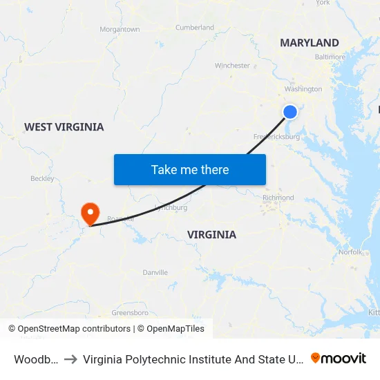 Woodbridge to Virginia Polytechnic Institute And State University - Hahn Lot map