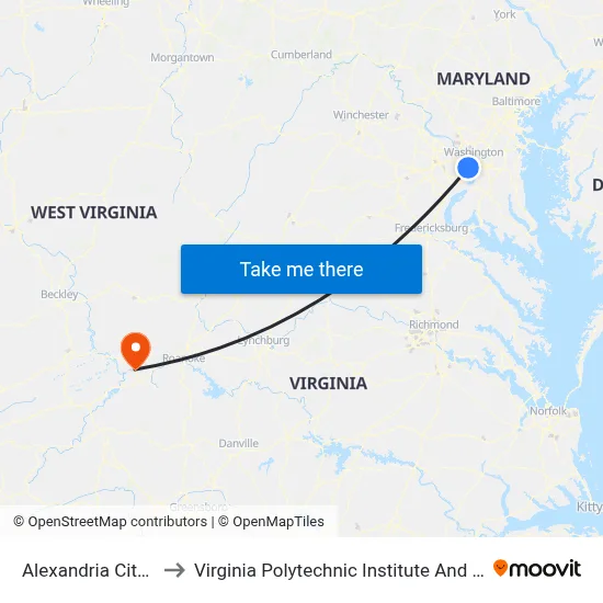 Alexandria City High School to Virginia Polytechnic Institute And State University - Hahn Lot map