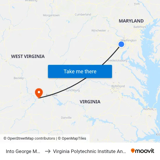 Into George Mason University to Virginia Polytechnic Institute And State University - Hahn Lot map