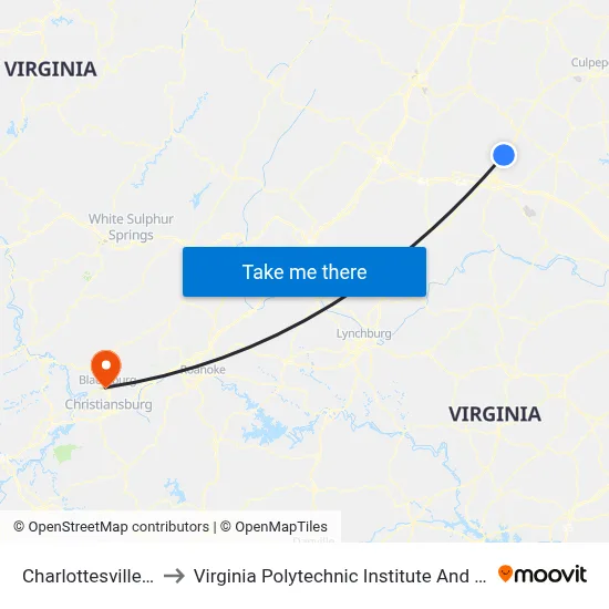 Charlottesville Airport CHO to Virginia Polytechnic Institute And State University - Hahn Lot map