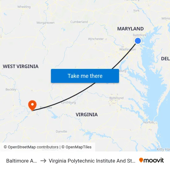 Baltimore Airport BWI to Virginia Polytechnic Institute And State University - Hahn Lot map