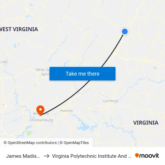 James Madison University to Virginia Polytechnic Institute And State University - Hahn Lot map