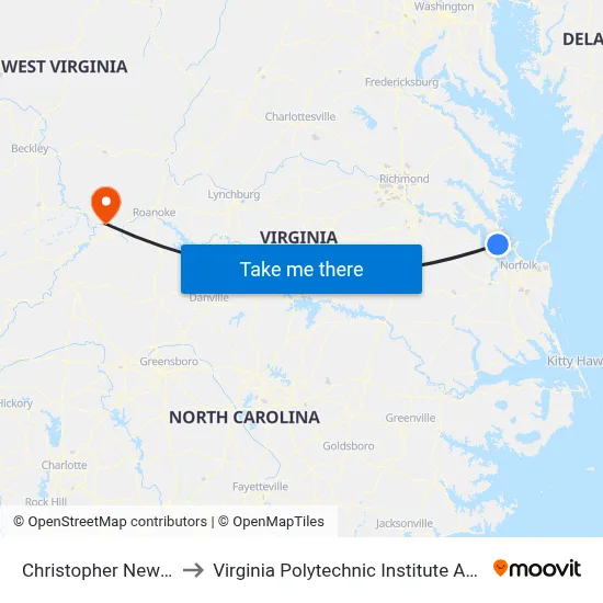 Christopher Newport University W to Virginia Polytechnic Institute And State University - Hahn Lot map