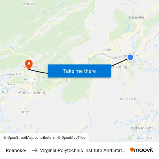 Roanoke-Station to Virginia Polytechnic Institute And State University - Hahn Lot map
