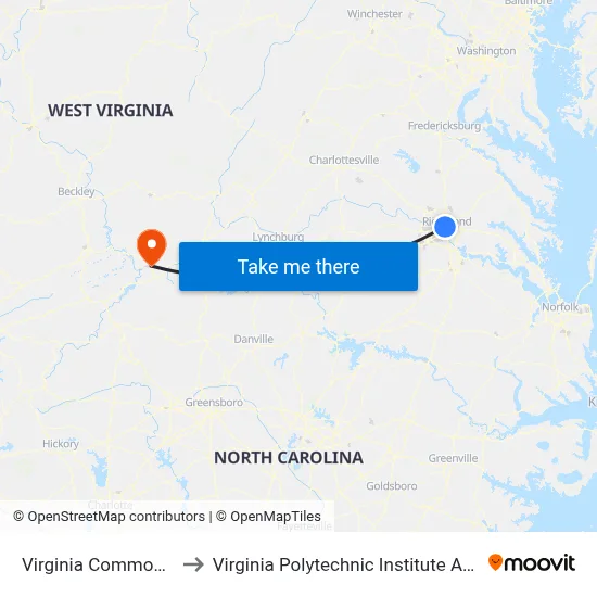 Virginia Commonwealth University to Virginia Polytechnic Institute And State University - Hahn Lot map