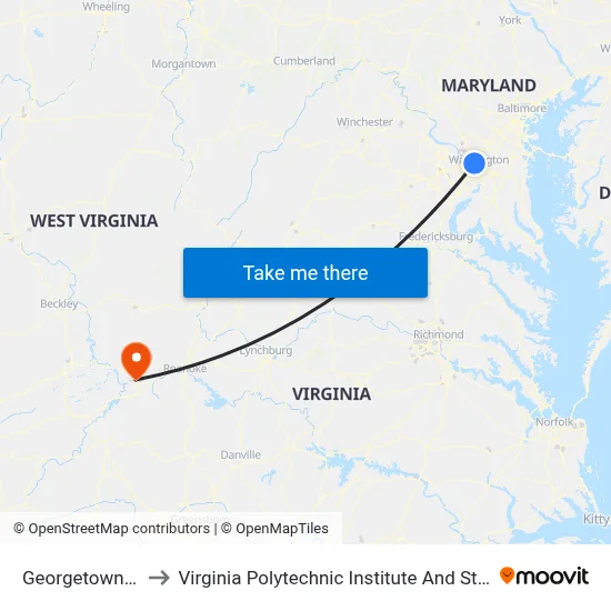 Georgetown University to Virginia Polytechnic Institute And State University - Hahn Lot map
