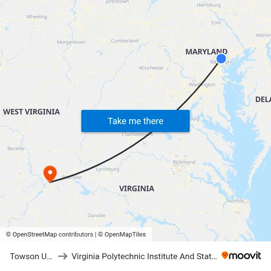 Towson University to Virginia Polytechnic Institute And State University - Hahn Lot map