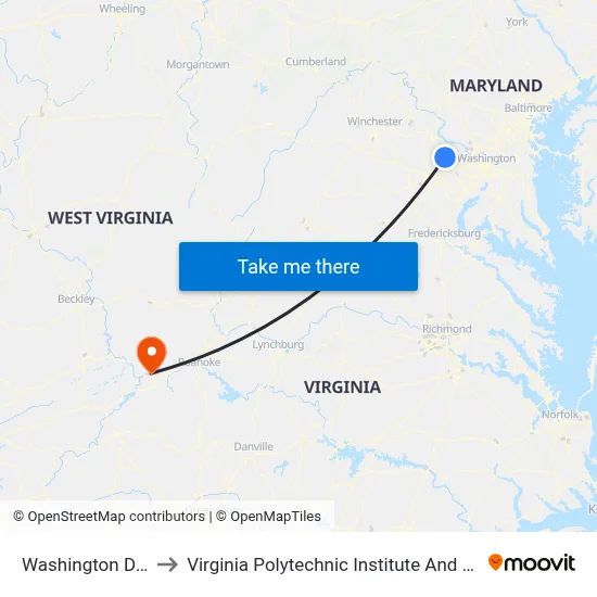 Washington Dulles Airport to Virginia Polytechnic Institute And State University - Hahn Lot map