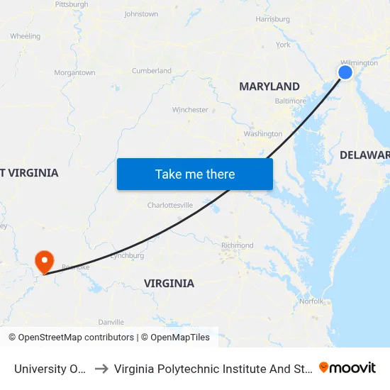 University Of Delaware to Virginia Polytechnic Institute And State University - Hahn Lot map
