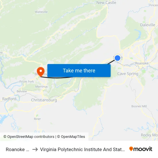 Roanoke College to Virginia Polytechnic Institute And State University - Hahn Lot map